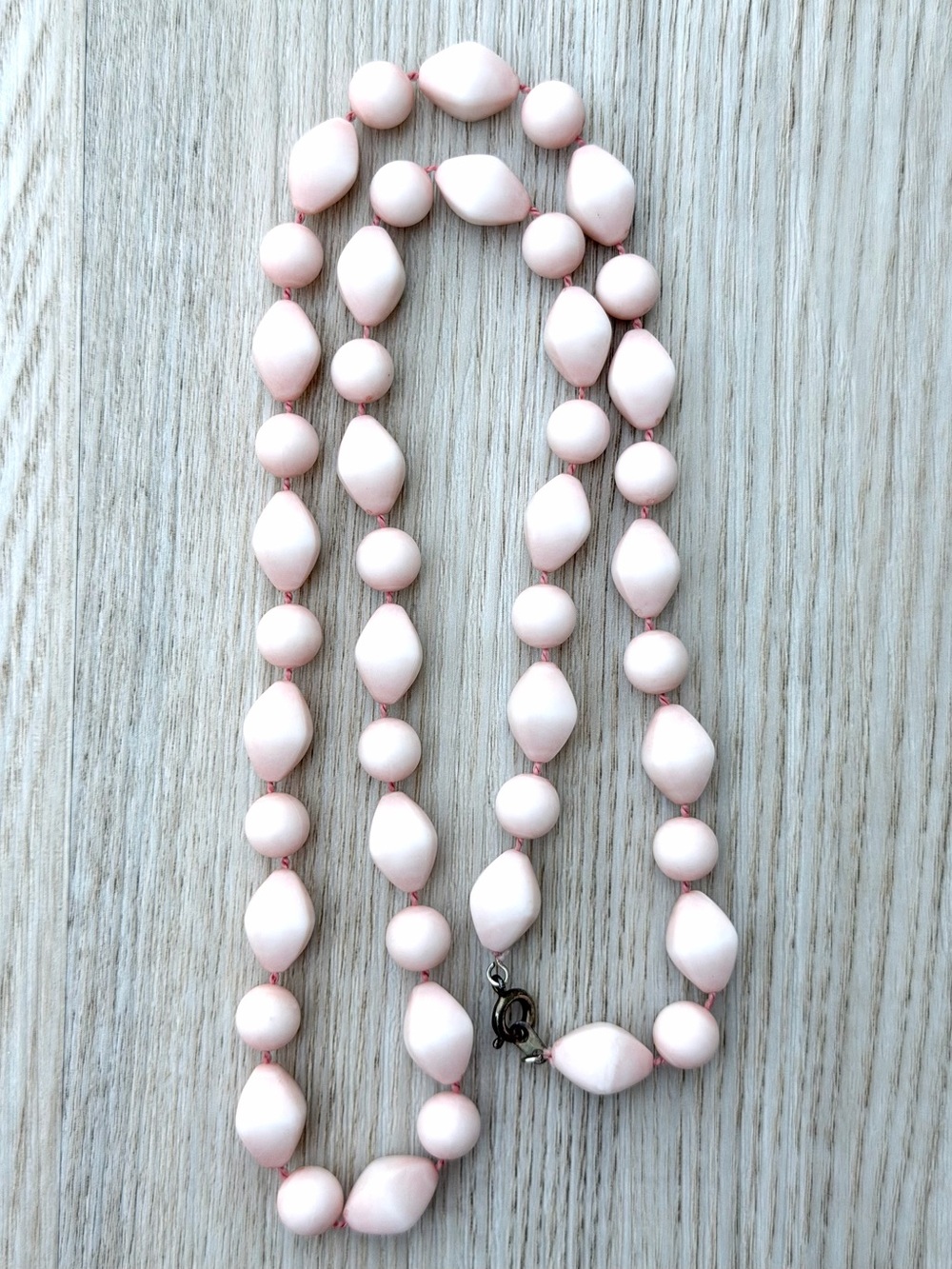 Vintage Pale Pink Beaded Necklace Alternating Round and Oval Shaped with Knots